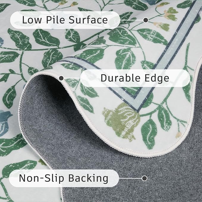 DCX Washable Botanical Floral 5x5 Roung Rug, Non Slip Low Pile Carpet - Image 7