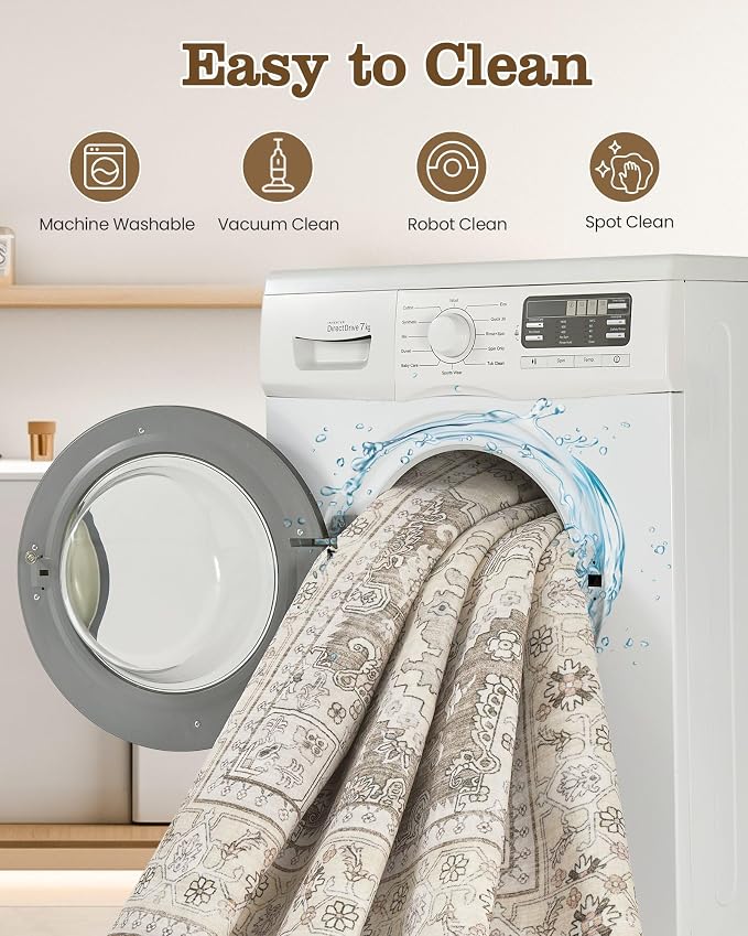 8ft Round Area Rug: Washable Vintage Neutral Soft Non Slip Thin Large Floor - Image 5