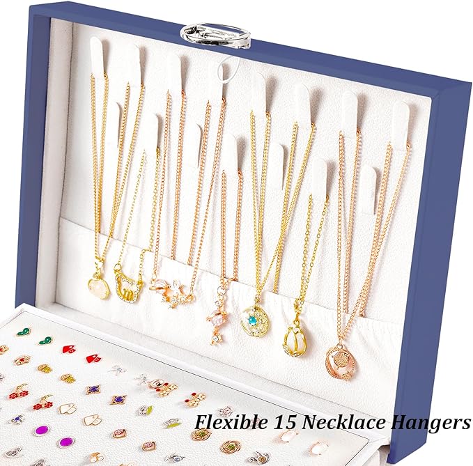 Earring Jewelry Box for Women Girls Stud Organizer, 5 Layers Navy Jewelry Organizer Box With Lock Earring Holder Organizer Ring and Necklace Jewelry Box with Earrings Holder for Women Girls