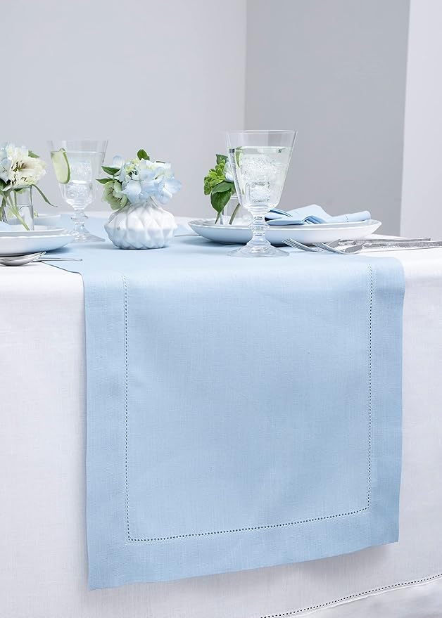 Solino Home 100% Linen Table Runner Sky Blue, Classic Hemstitch 14 x 108 in | - Image 2