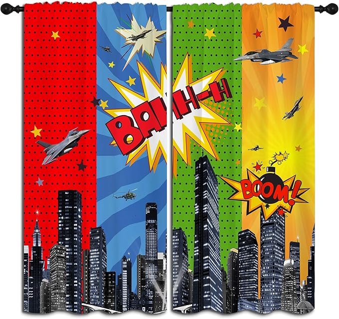 Superhero Rod Pocket Blackout Curtains for Boy Girl Bedroom, City War Explosion Comics Art Thermal Insulated Home Window Drapes for Living Room Darkening, 55x63 inch