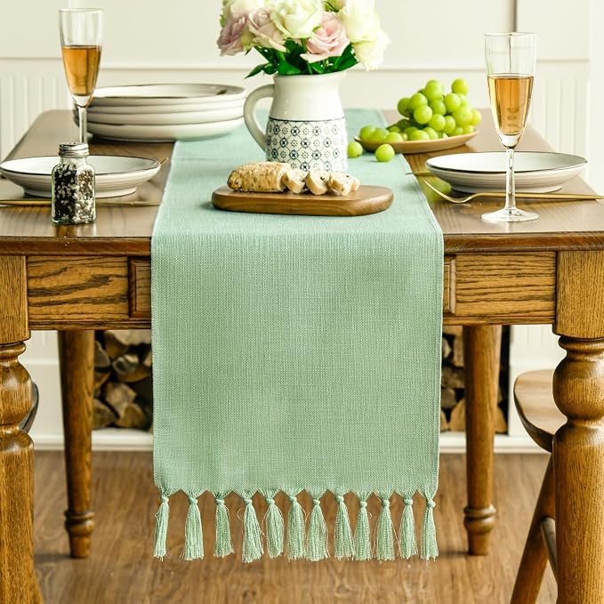 Artoid Mode Sage Green Spring Tassel Table Runner, Boho Linen Blend Rustic - Image 3
