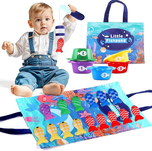 Montessori Fish Toys, 22 PCS Cloth Fishing Game for Toddlers 6 to 12 Months Girls Boys, Baby's Sensory Toy with Stacking Cups, Number Counting, Color Sorting, Fishing Game for Boy Girl Birthday Gift