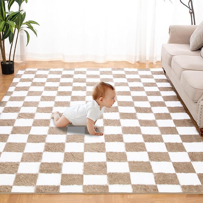 Super Soft Rug for Bedroom, 4x6 Ft Beige and White Area Rug Classic Checkered by TOOHUB