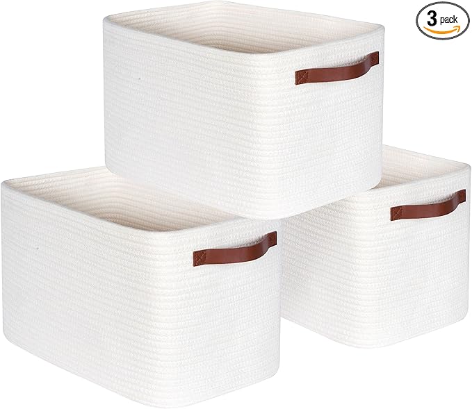 MINTWOOD Design 3-Pack Decorative Woven Storage Baskets for Shelves, Cube Bin Box for Organizing Books, Shoes, Dog Toys, Pantry Closet and Living Room Organizer, Creamy White