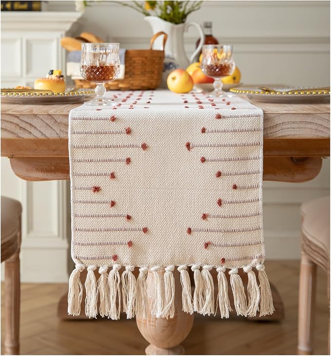 Boho Table Runner 13 x 72 Inch Long Natural Cotton Woven Runner by Caflife