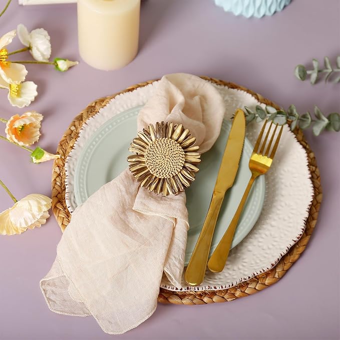 Raffia Sunflower Napkin Rings Set of 4, Braided Daisy Floral Napkin Ring Holders - Image 2