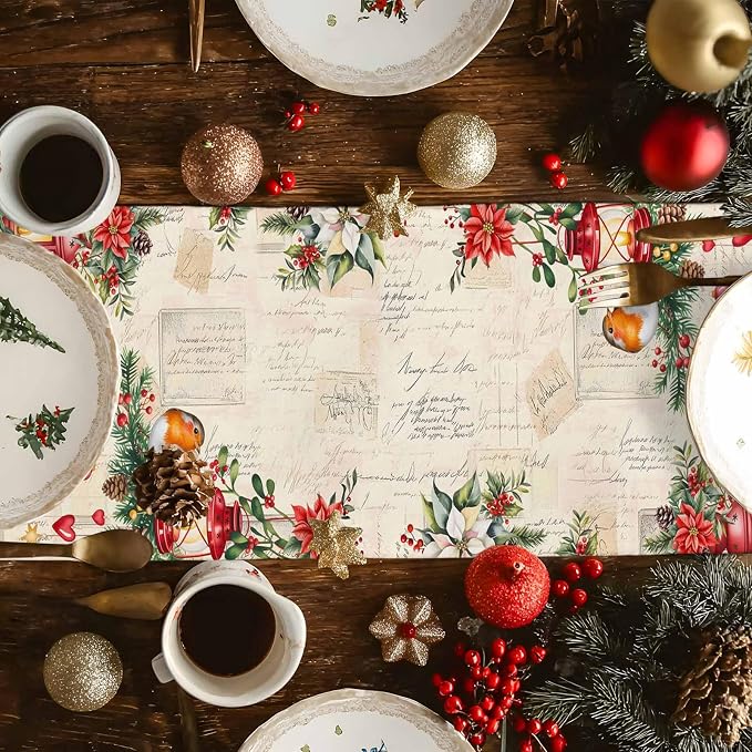 Christmas Poinsettia Table Runner 120 Inches Long, Winter Xmas Balls Birds - Image 4