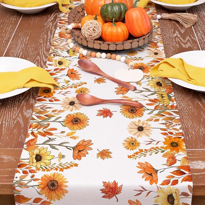 Fall Pumpkins and Sunflowers Table Runner 13x108 Inch, Maple Leaves Farmhouse - Image 8