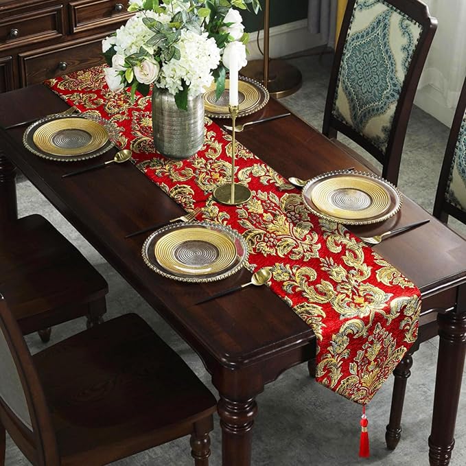 Jacquard Red Table Runner 120" Long Chenille Decor - Image 3