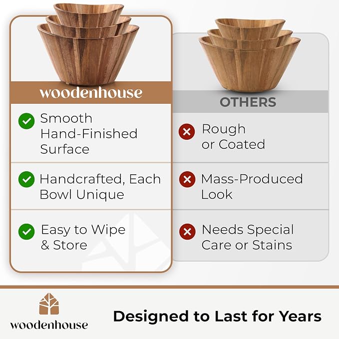 Wooden Salad Bowl Set of 3, Wavy Wood Bowls - Image 7