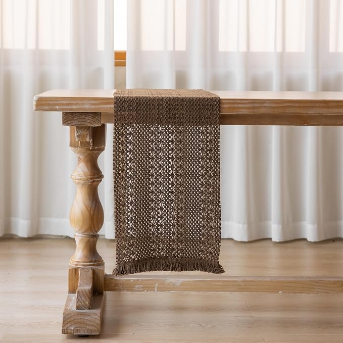 Fall Thanksgiving Boho Macrame Brown Table Runner 13x72 Inch | Woven Burlap - Image 4
