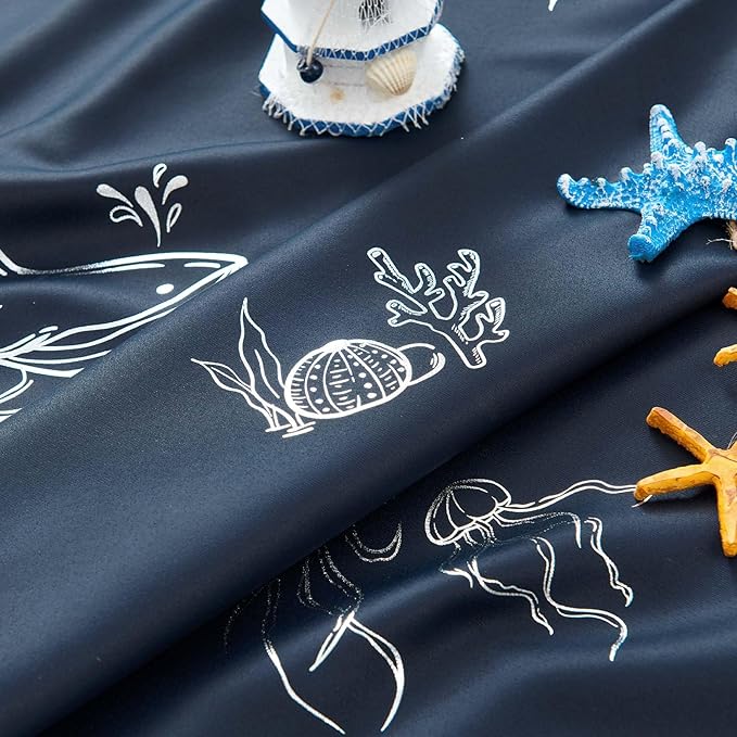 Vangao Kids Curtains for Boys Bedroom Kids Blackout Curtains 84 Inch Length Ocean Aquarium Nursery Drapes for Girls Bedroom Silver Sea Animals Print Thermal Insulated Drapes, Navy Blue 2 Panels
