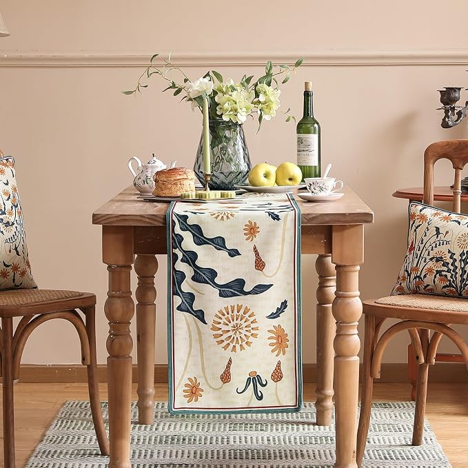 bilin gaier Designer French Linen Long Table Runner, Floral Pattern, Dining - Image 2