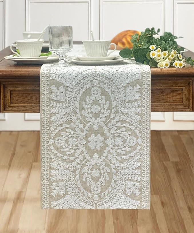 KEVA Boho Table Runner 36inches Long, Farmhouse Rustic Vintage White - Image 2