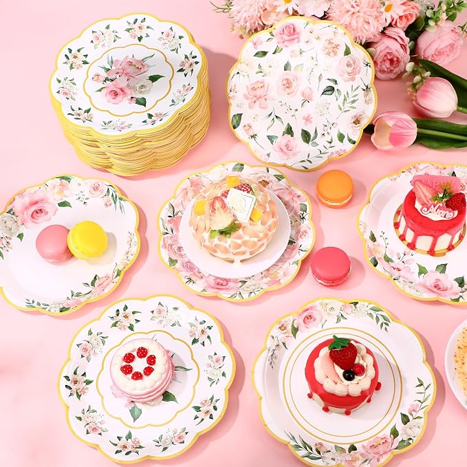 120 Pcs Spring Floral Paper Plates 7 Inch Pink Floral Party Decoration Plates - Image 4