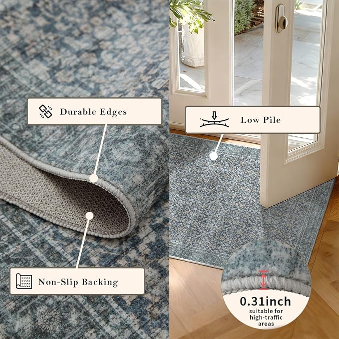 Latte&Fog 4x6 Rug for Living Room, Vintage Blue Washable Area Rug, Boho Floral - Image 4