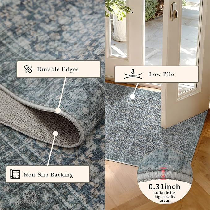 Latte&Fog 3x5 Entryway Rug, Vintage Blue Washable Area Rug, Boho Non Slip Low - Image 5