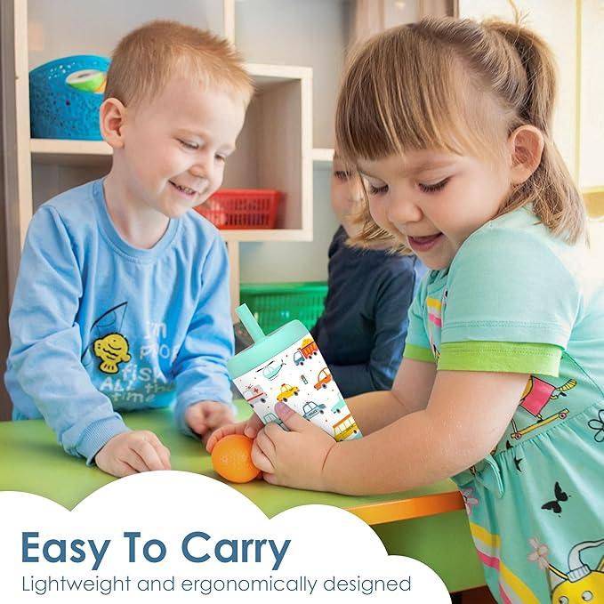 Kid Insulated Stainless Steel Tumbler with Silicone Straw, 12oz Sippy Cup for Kids (Transportation)