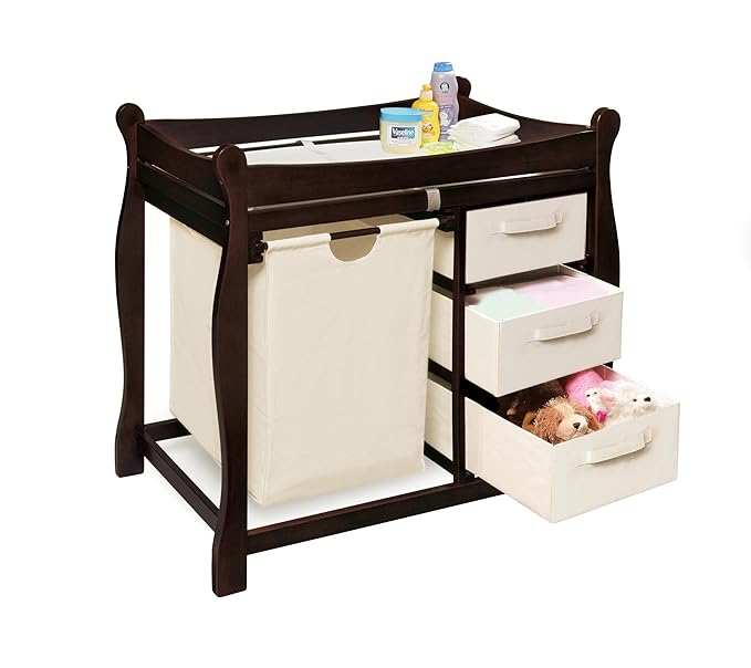 Badger Basket Sleigh-Style Baby Changing Table - Diaper Changing Station with 3 Storage Baskets - Nursery Organizer with Hamper, Changing Pad, Safety Rails - Espresso