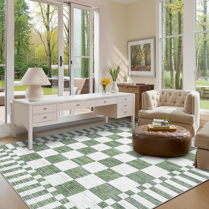 GarveeHome 9×12 Area Rugs for Living Room, Sage Green Checkered Rug, Non-Slip - Image 2