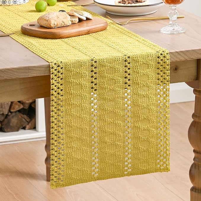 Artoid Mode Yellow Woven Farmhouse Hollow Table Runner 12x90 Inch | Holiday - Image 2