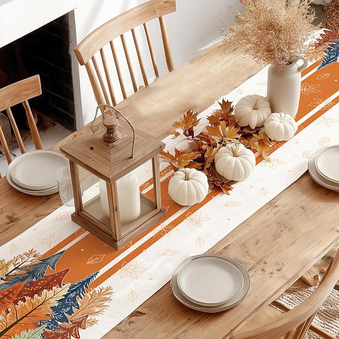 Fall Watercolor Trees & Maple Leaves Striped Table Runner 13x120 Inch, Rustic - Image 8