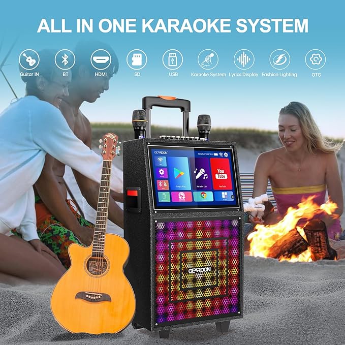 Karaoke Machine with Lyrics Display Screen for Adults, Built-in 15 Inches Tablet, Bluetooth Speaker with 2 Wireless Mics, 1000W Peak Power, DJ Lights, Portable Karaoke System for Any Occasion
