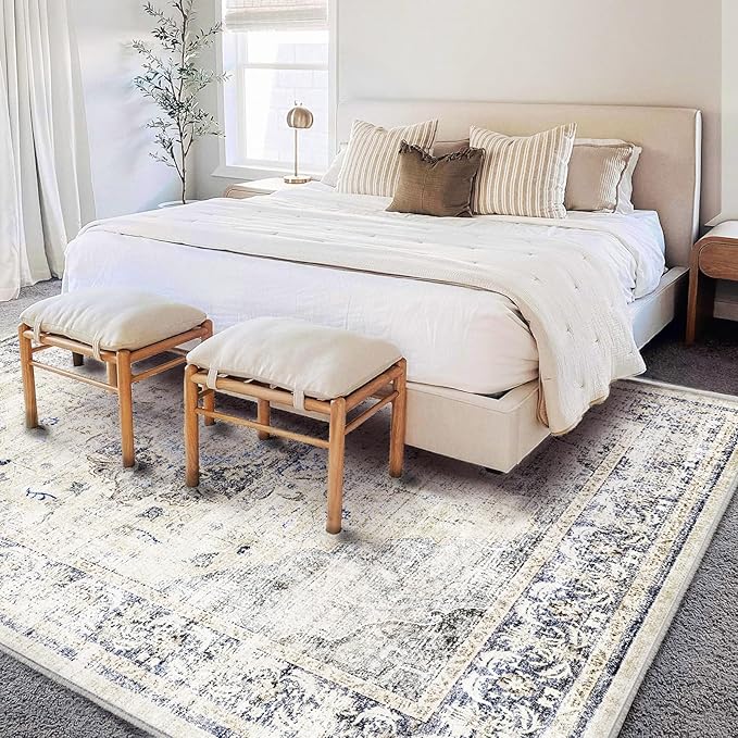 CHAMPLANT Washable Area Rug 10'x14' Floral Blue Boho Design Non-Shedding Easy - Image 2