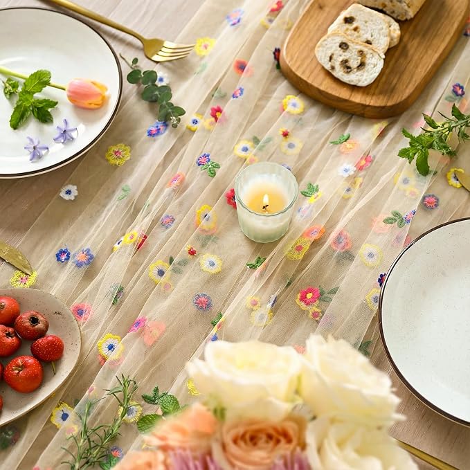 Artoid Mode Champagne Embroidery Daisy Gauze Table Runner 59x120 Inch 10FT | - Image 2