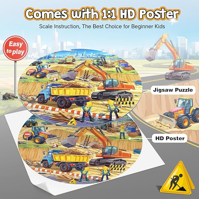 Floor Puzzles for Kids Ages 3 4 5 6 7 8, 70 Piece Construction Site Jigsaw Puzzle with Excavator Bulldozer Forklift Dumper Truck, Building Site Educational Toy Gift for Boys Birthday Christmas