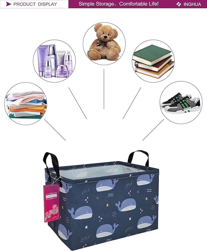 Rectangular Storage Basket Fabric Organizer Bin for Toys,Books,Clothes,Gifts,Pets-Perfect for Home,Office,Nursery,Dorm,Shelf(Rec-Blue Whale )