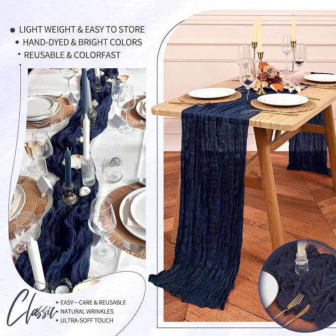 Showgeous 2 Pack Navy Blue Cheesecloth Table Runners Boho Wedding Decor | - Image 5