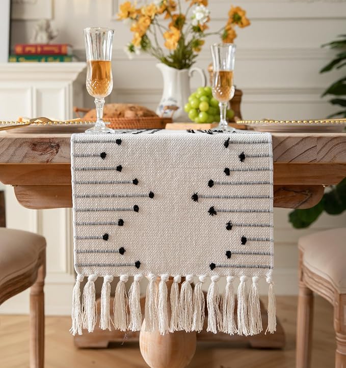 Boho Table Runner 13 x 108 Inch Long Natural Cotton Woven Runner by Caflife