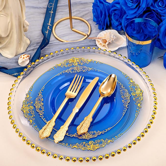 210 Pcs Blue Gold Plates for Graduation | Blue Party Plates Set for 30 Guests - Image 2
