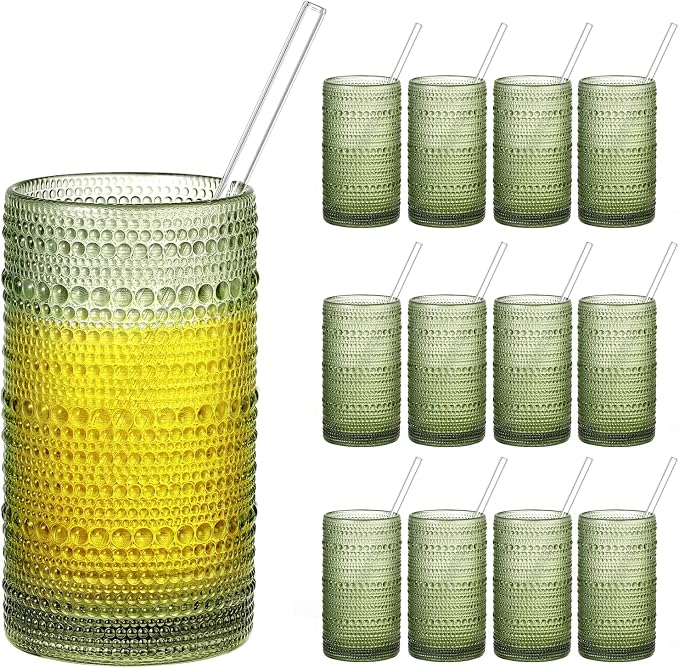 16oz Hobnail Drinking Glasses Set of 12, Vintage Large Capacity Embossed Green by Unknown