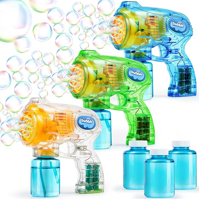 JOYIN 3 Packs Bubble Guns with 3 Solutions, Automatic Bubble Maker Blower Machine for Kids, Party Favors, Summer Toy, Birthday, Outdoor & Indoor Activity, Easter