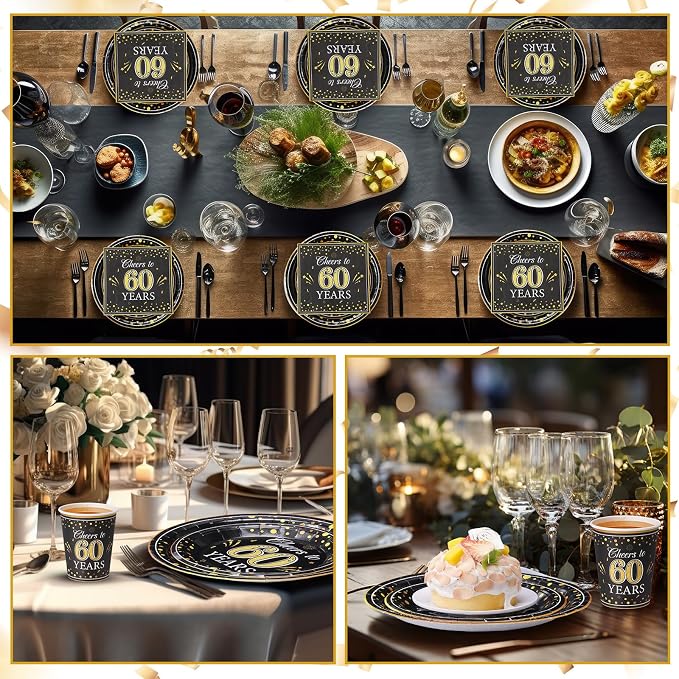 Pickmesh 250 Pcs 60th Birthday Party Supplies Decorations Serve 50 Black Gold - Image 5
