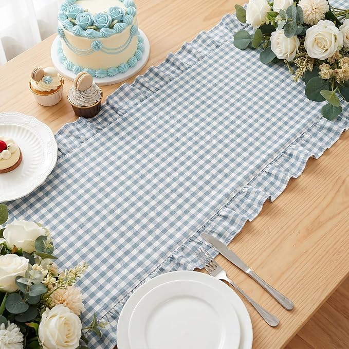 Eternal Beauty 14x120 Gingham Ruffle Table Runner, 100% Washed Cotton Plaid - Image 3