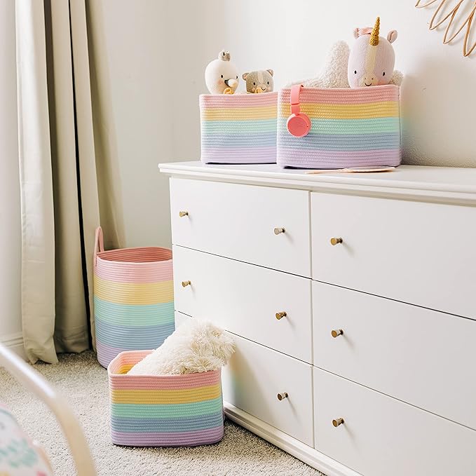 OrganiHaus Set of 3 Cute Rainbow Storage Basket for Toys & Cloths, Cotton Rope Basket for Decor, Shoe Basket Organizers, Decorative Pastel Storage Bins, Woven Storage Baskets for Organizing