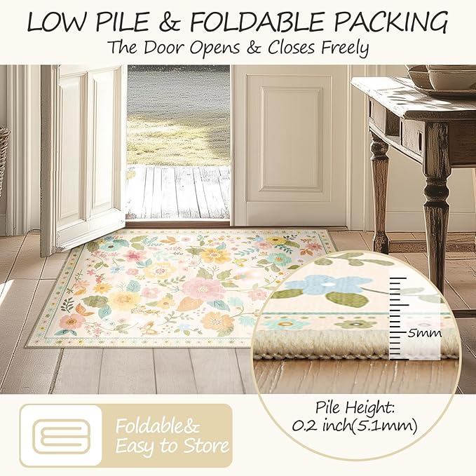 Floral 2x6 Area Rug Machine Washable Soft Print Boho Carpet Non Slip Doormat Low Pile Flower Area Rugs for Living Room Bedroom Nursery Kitchen Dining Room Indoor-Beige/White/Orange