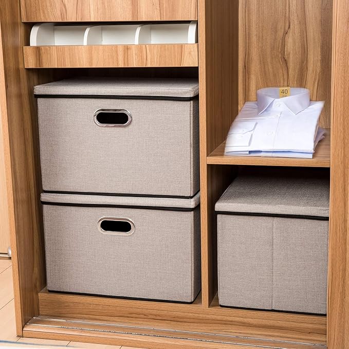 PRANDOM Extra Large Collapsible Storage Bins with Lids [5-Pack] Linen Fabric Foldable Storage Baskets Boxes Organizer Containers Cube with Cover for Bedroom Closet Office Nursery (22.8x15.75x13.8)