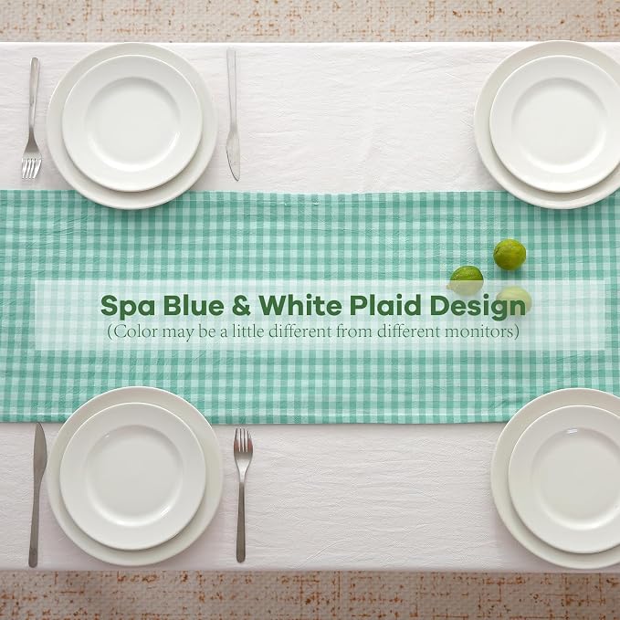 Spa Blue White Plaid Gingham Ruffle Table Runner 72 inches Long Christmas 100% - Image 4
