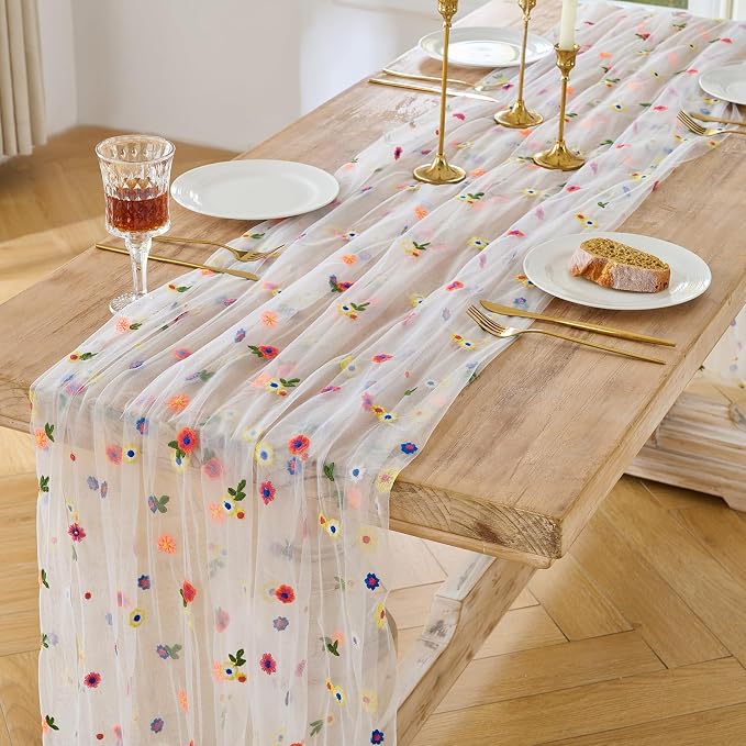 BINBE 6pcs Ivory Daisy Spring Table Runner Embroidery Gauze 10FT Florals - Image 2