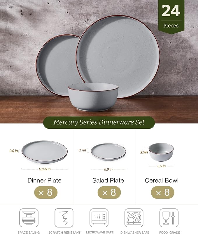 Famiware Mercury 24-Piece Stoneware Dinnerware Set, Light Grey | Plates and - Image 2