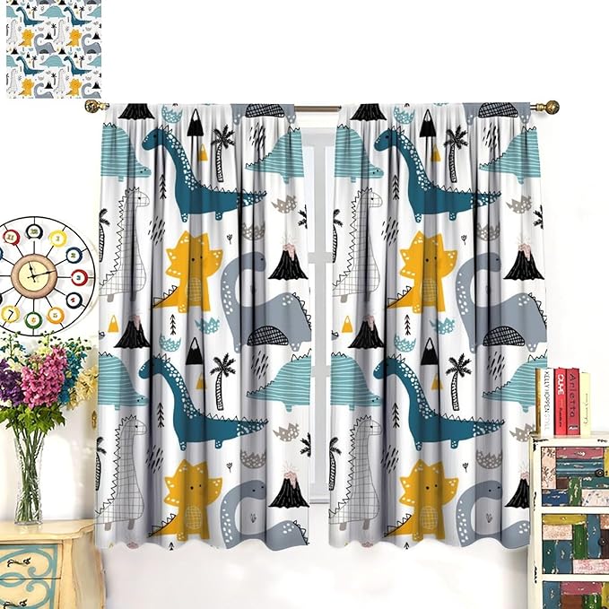 Kids Dinosaur Curtains for Boys Girls Bedroom Decor Cartoon Dino Colorful Cute Funny Wildlife Animal Printed Blackout Rod Pocket Window Drapes for Baby Nursery Playroom Living Room W21xL63in 2 Panels