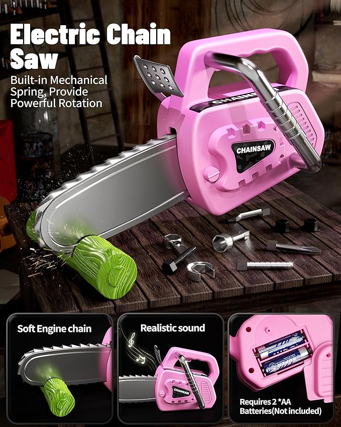 Deejoy 54Pcs Large Kids Tool Set with Electric Saw & Electronic Toy Drill, Pretend Play Kids Construction Set for Toddler 3-5 Years Old, Toddler Tool Set-Pink