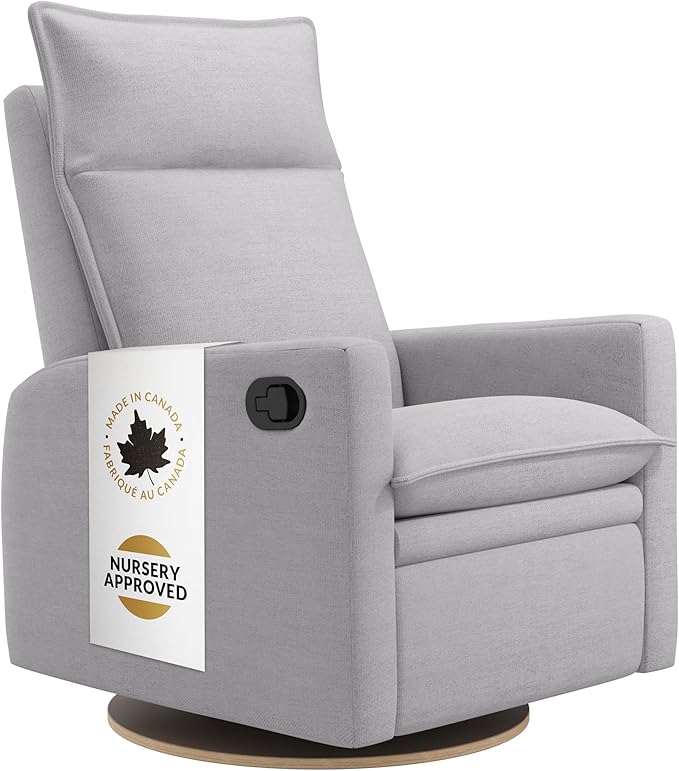 Jaymar Arya Modern Nursery Glider Recliner Chair – Cozy Nursing Chair with 360° Swivel for New Parents, Gentle Motion, Compact Design, High Back & Low Armrests, Canadian Made (Dove Grey/Como Fabric)