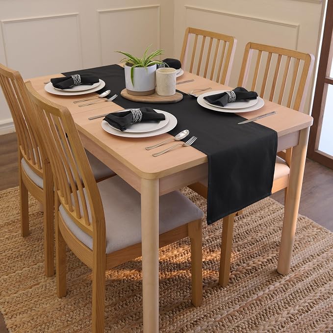 Encasa XO Table Runner, Cotton Canvas Dining Runner 13"x118" | Jet Black - Image 2