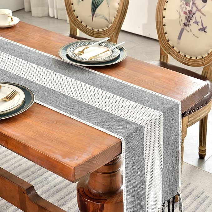 Wracra Linen Table Runner, Stripe Table Runners 108 Inches Long Black | - Image 6